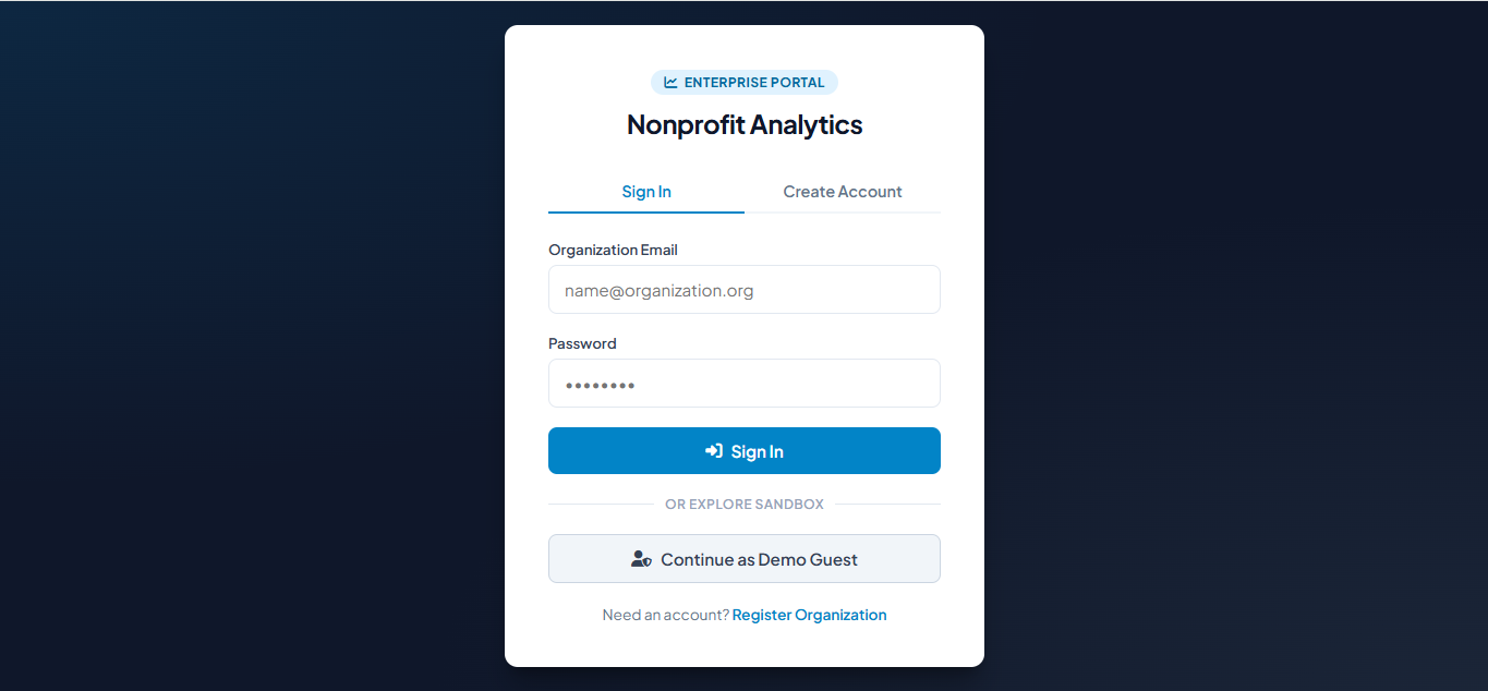 Nonprofit Analytics Portal Login and Sandbox Entry